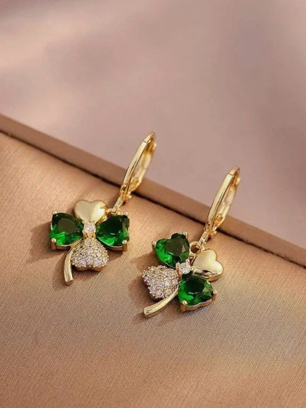 Gold Shamrock ☘️ Clover Drop Earrings with Green Heart 💚 Stones - Picture 4 of 4